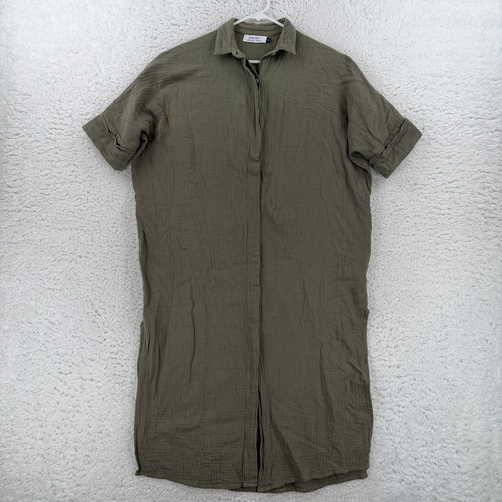 AVA SKY Hawaii Dress Womens Small Green Cotton Collared Shirt Midi Pockets